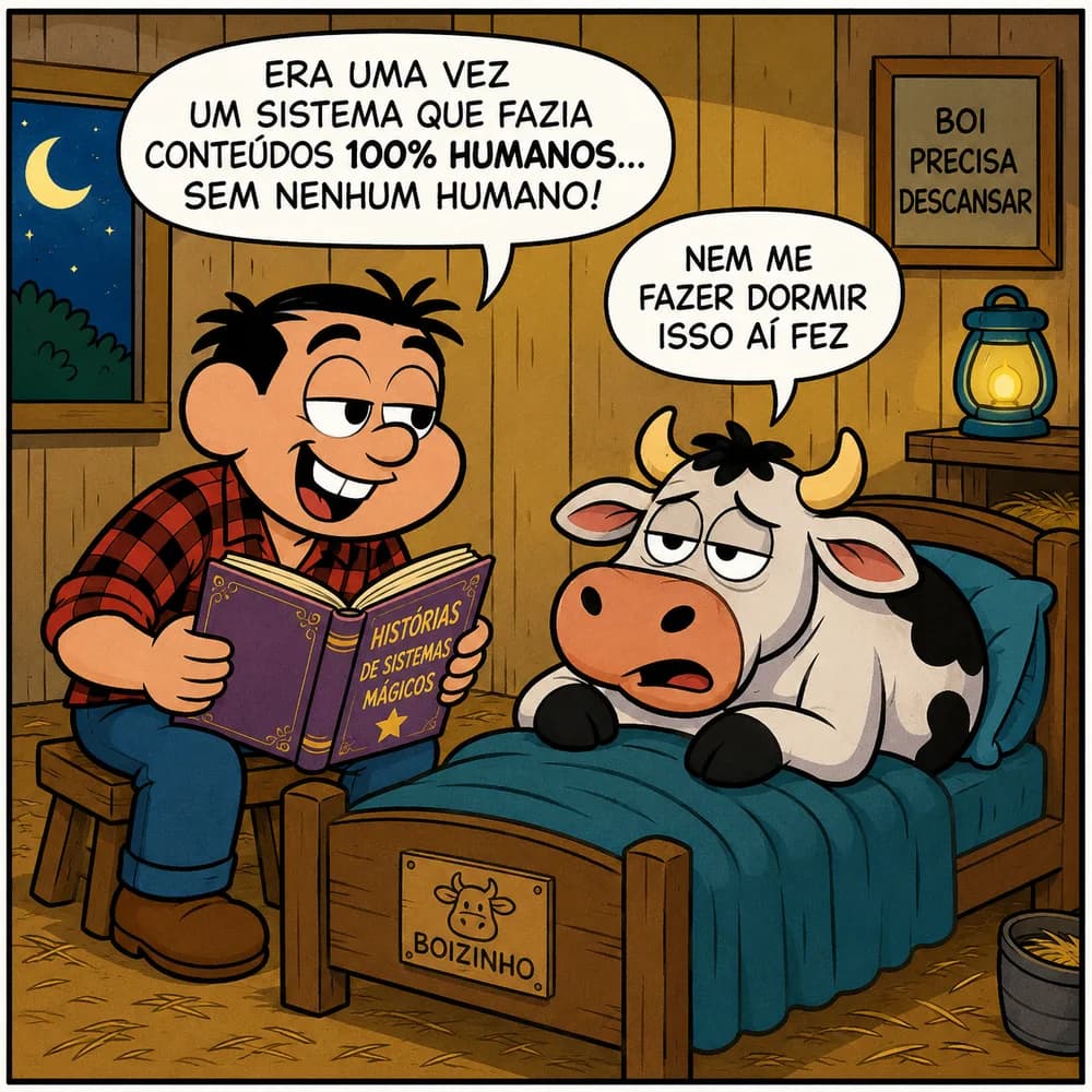 Quadrinho: homem contando história pra boi dormir
